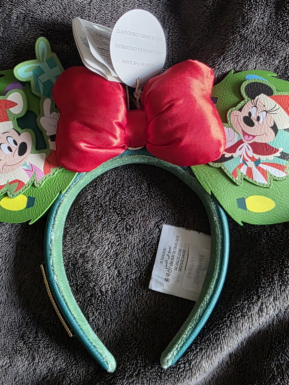 Loungefly Minnie Holiday Ears Headband with Red Bow and Green Ears